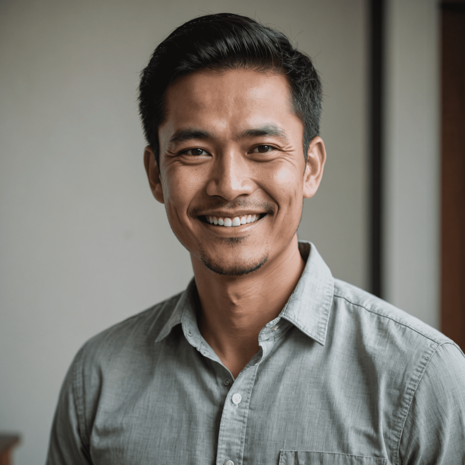 Portrait of a smiling Malaysian man in his 30s wearing a casual shirt, with a friendly and approachable expression