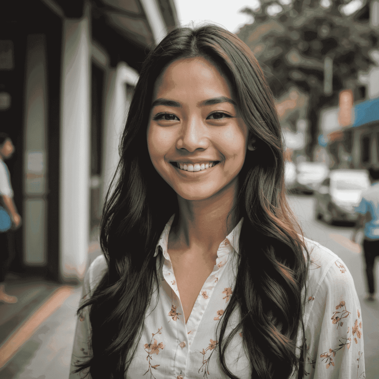 Portrait of a smiling Malaysian woman in her late 20s with long dark hair, wearing a blouse and looking confident