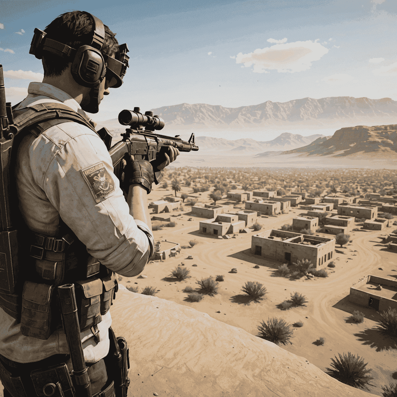 Screenshot of PUBG gameplay showing a character aiming a gun on a desert map