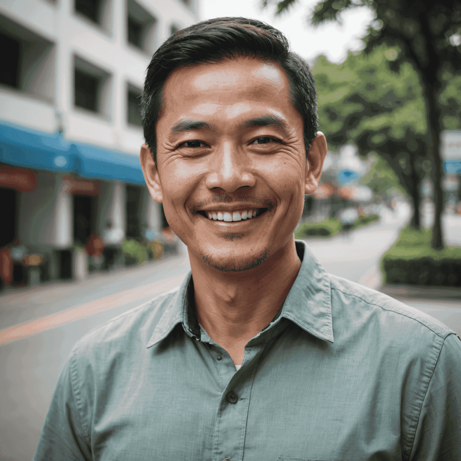 Portrait of a friendly-looking Malaysian man in his early 40s, with short hair and a collared shirt, smiling at the camera