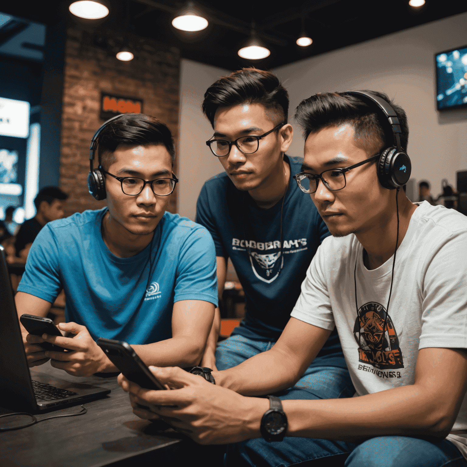 Group of diverse Malaysian gamers playing online games on their smartphones and computers