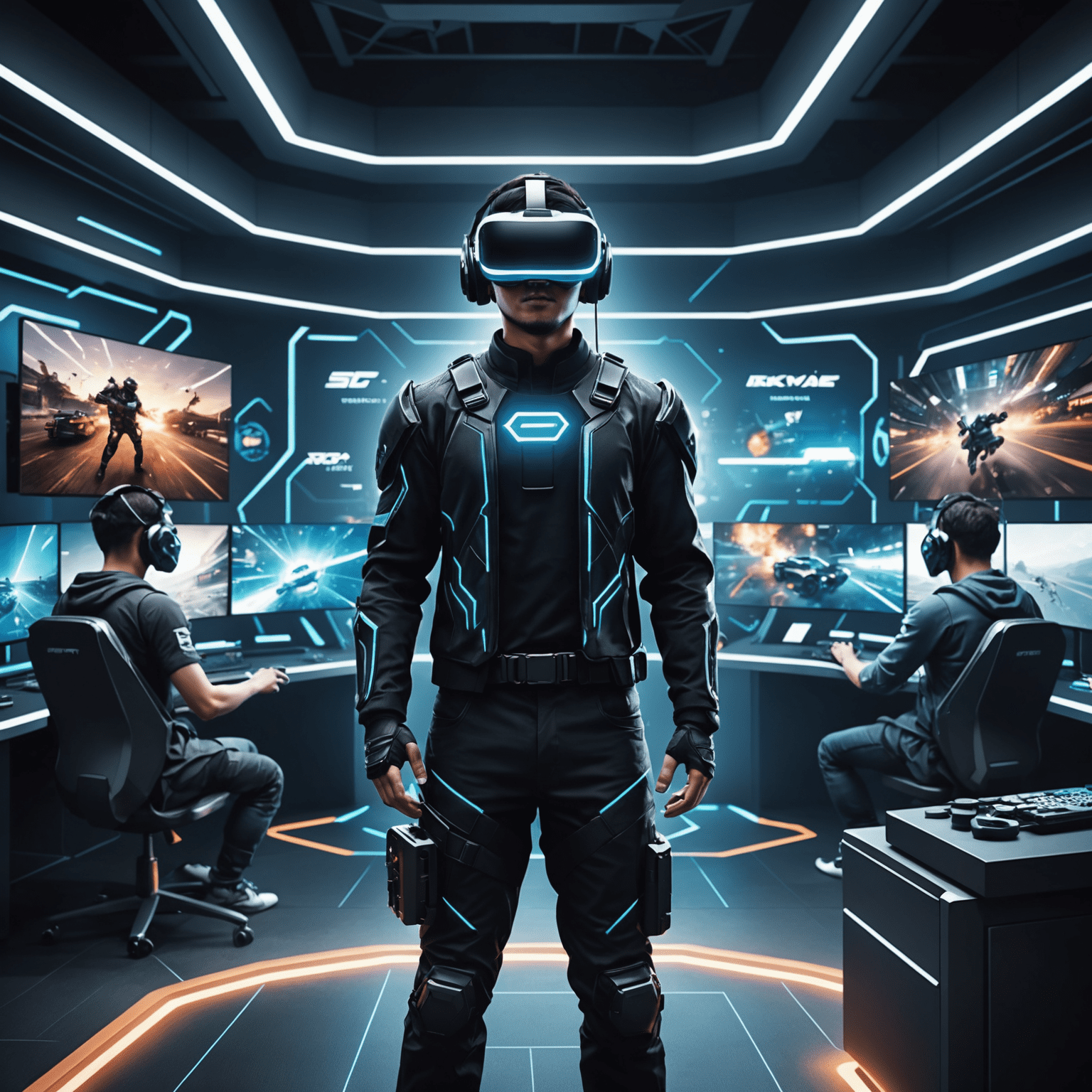 A futuristic illustration of online gaming in Malaysia, showcasing advanced virtual reality and augmented reality technologies, eSports arenas, and a thriving gaming industry.